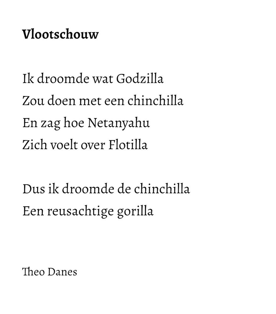Vlootschouw

Ik droomde wat Godzilla
Zou doen met een chinchilla 
En zag hoe Netanyahu 
Zich voelt over Flotilla

Dus ik droomde de chinchilla
Een reusachtige gorilla


Theo Danes

