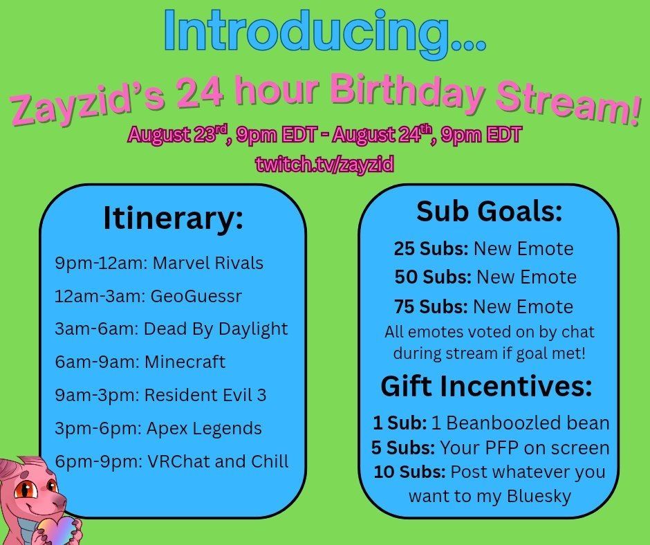 Introducing Zayzid's 24 hour birthday stream!

Itinerary consists of Marvel Rivals, GeoGuessr, Dead By Daylight, Minecraft, Resident Evil 3, Apex Legends, and VRChat.

There are several sub goals and gift sub incentives, with a new emote being added for every 25 sub points. Gift incentives includ Beanboozled, putting PFPs on screen, and making me post what you want on Bluesky