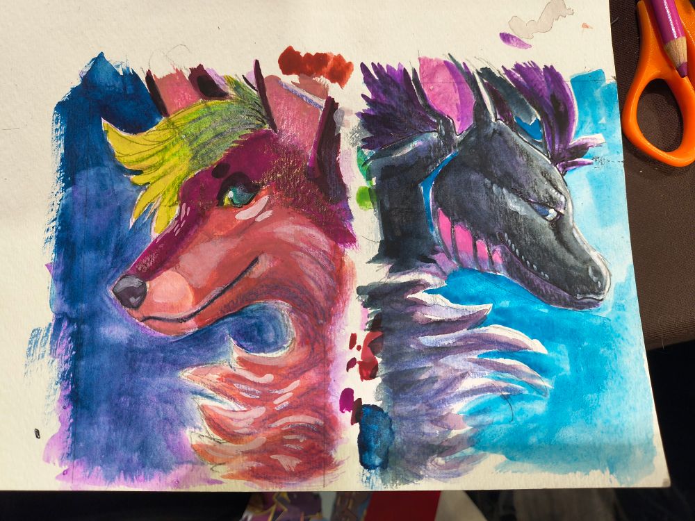 Paintings of a pink dog and black dragon.
