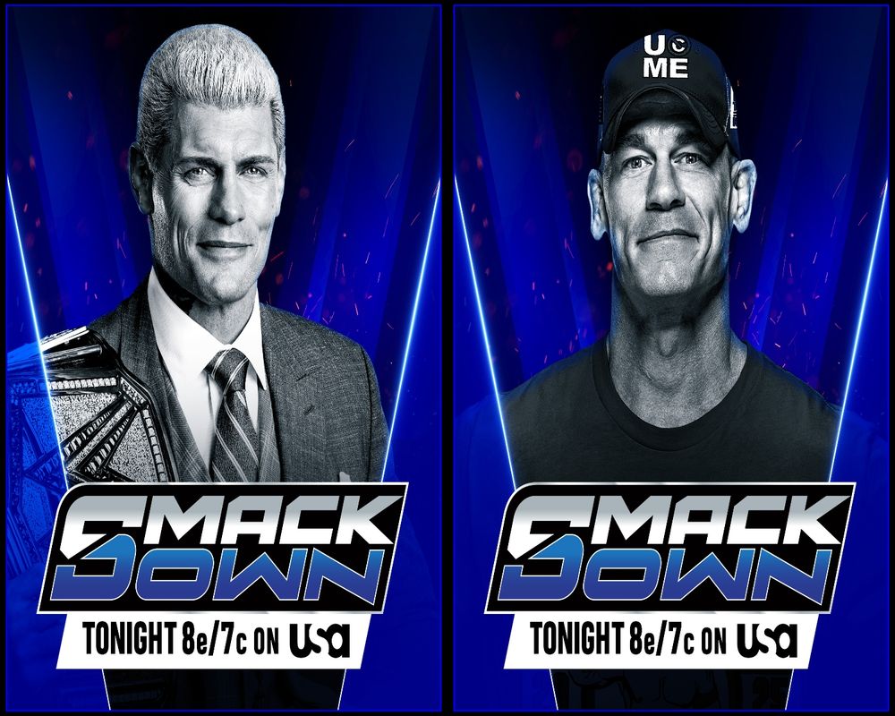 A two-graphic collage. 

Left graphic. Undisputed WWE Champion Cody Rhodes speaks on WWE SmackDown. 

Right graphic: A special look at John Cena on WWE SmackDown.