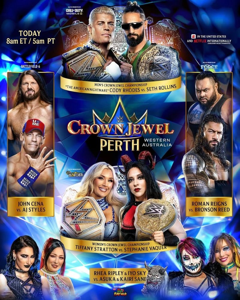 A graphic. The wrestling card for WWE Crown Jewel 2025.