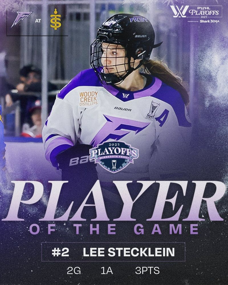A graphic. The player of the game was Lee Stecklein from the Minnesota Frost. She scored two goals and made an assist for three points. 