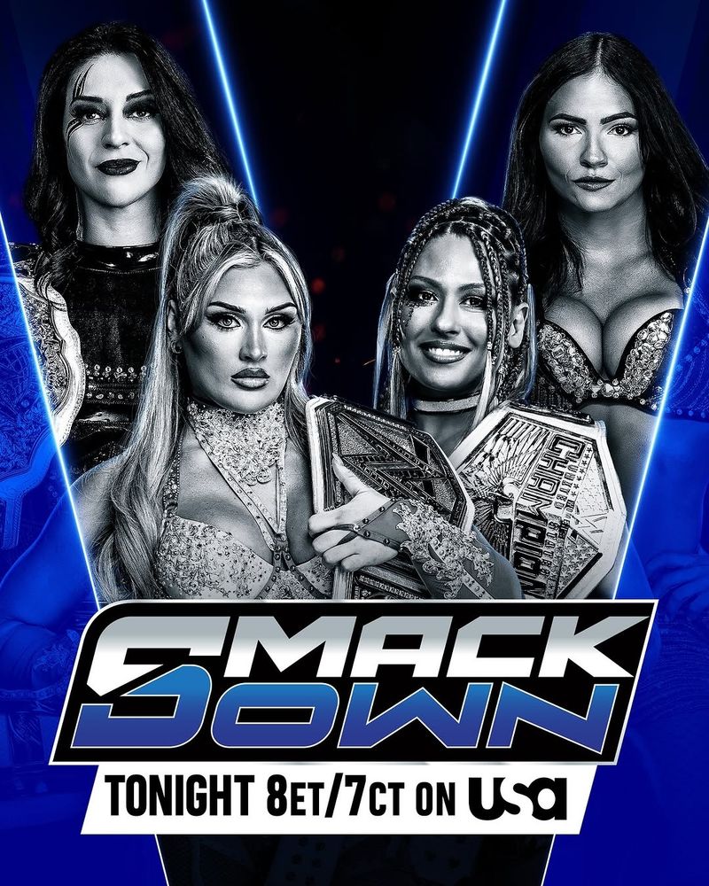 A graphic. WWE Women's World Champion  Stephanie Vaquer and WWE Women's Champion Tiffany Stratton faces WWE United States Champion Giulia and Kiana James on WWE SmackDown. 