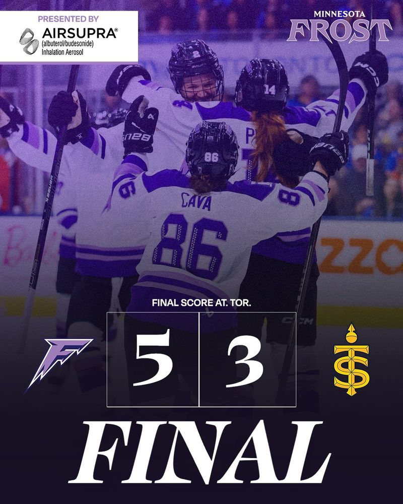 A graphic. The Minnesota Frost beat the Toronto Sceptres 5-3 to even up the series at a game a piece. 