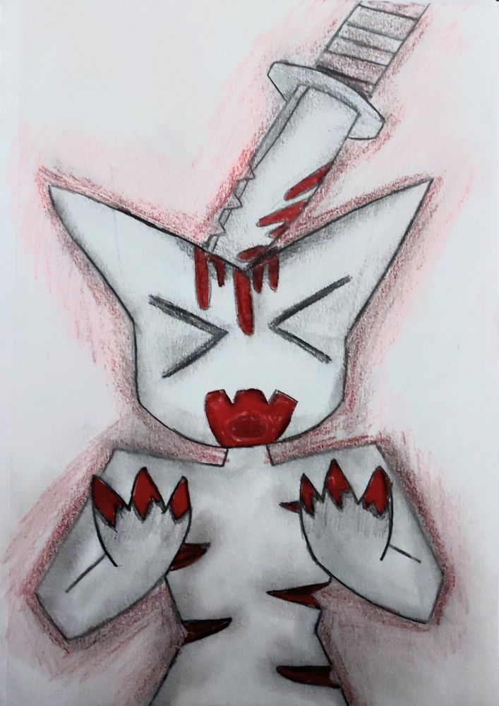 The musical artist femtynal, an anthropomorphic cat with blood dripping down from their head, where a knife sits halfway into their head.

They also have blood on their claws, and deep cuts into the sides of their chest