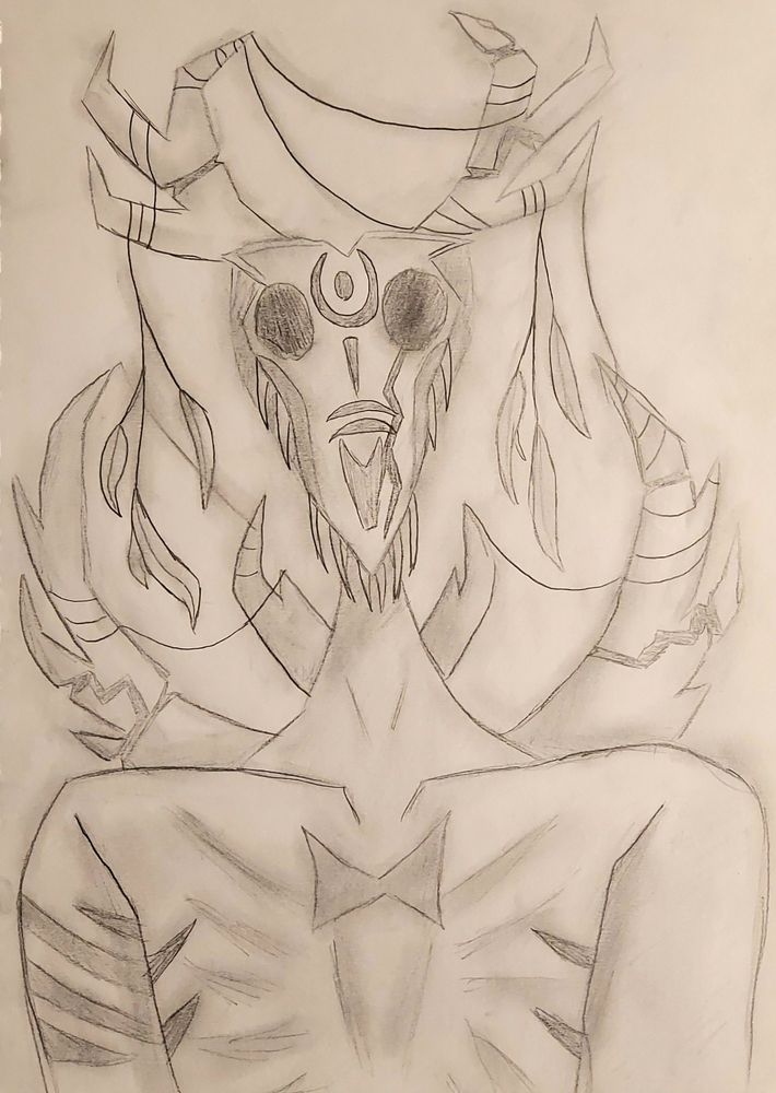 A towering wendigo with strings wrapping around its horns, the ends of the strings having feathers attached.

The wendigo is covered in tattoos, with etching on its skull.

The tattoo on its chest is a butterfly, which references until dawn.