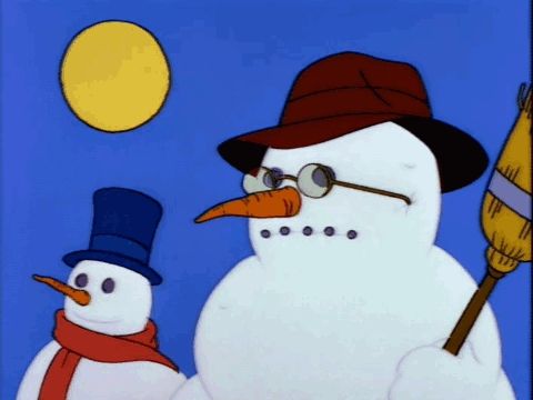 a snowman wearing a top hat and glasses is holding a broom