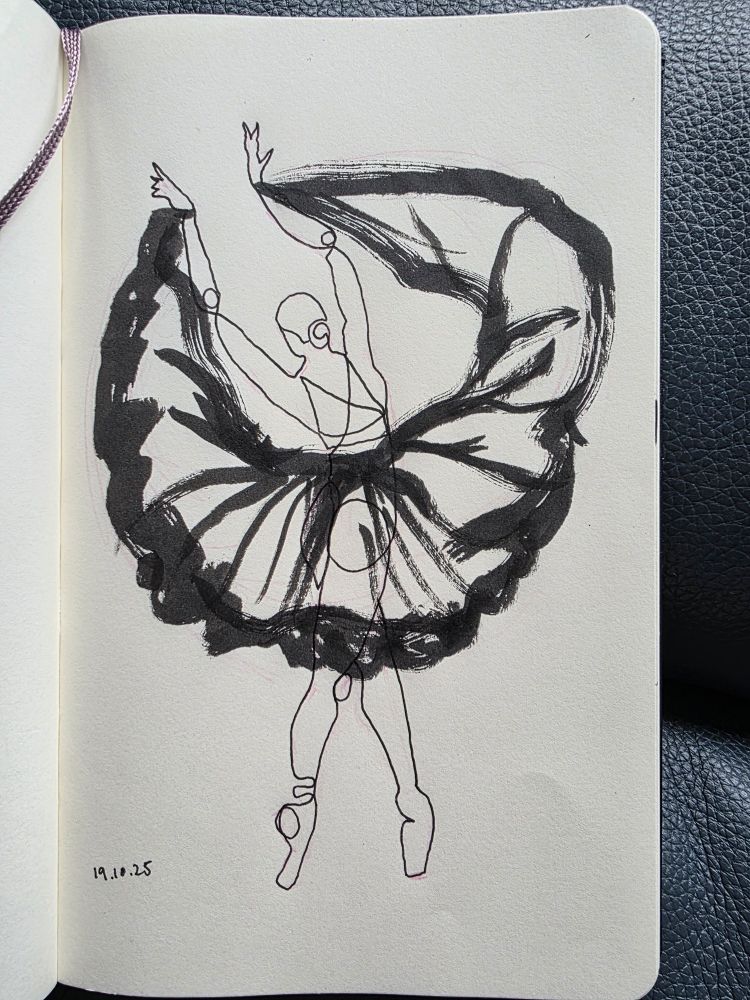 A sketchbook page with a ballerina en pointe, drawn full length from the back with her arms above her head and a skirt flowing down from her wrists in a dramatic semicircle. I've drawn the ballerina herself in one fineliner black pen nearly in one line, looping at the hair and elbows and criss crossing at the back. I've then used fairly loose and dramatic black brush pen to bring in the skirt. 