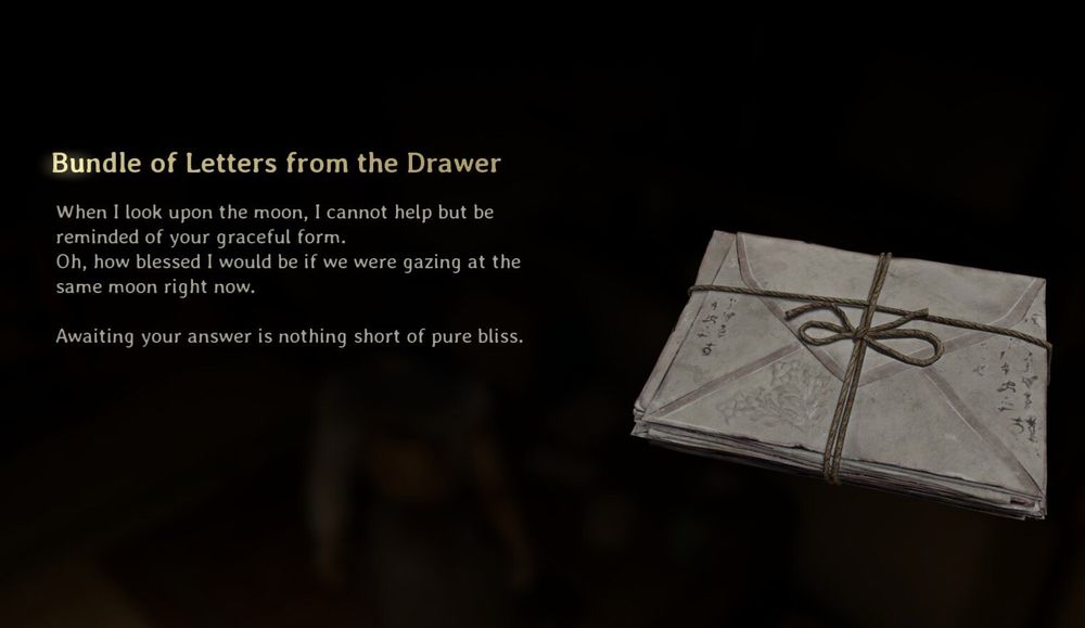 Bundle of Letters from the Drawer

When I look upon the moon, I cannot help but be reminded of your graceful form.
Oh, how blessed I would be if we were gazing at the same moon right now.

Awaiting your answer is nothing short of pure bliss.

SHF