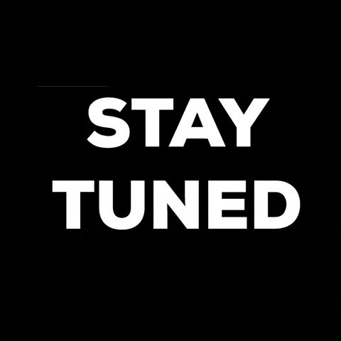 GIF with a black background and the words STAY TUNED in white that flicks with pink.