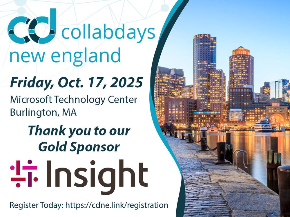 Promotional graphic for CollabDays New England include event date and registration link. Graphic is thanking Insight for their sponsorship. On the right side is an image of the Boston skyline around dusk. 
