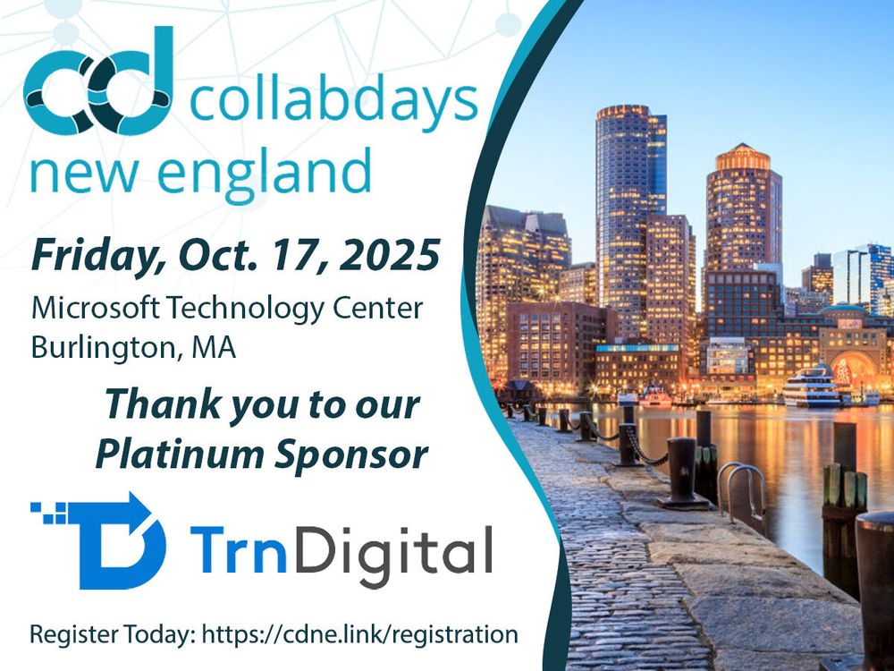 CollabDays New England event promo with Boston skyline. Event date: Oct. 17, 2025 in Burlington, MA. Thank you to Platinum Sponsor TrnDigital. Register at cdne.link/registration.