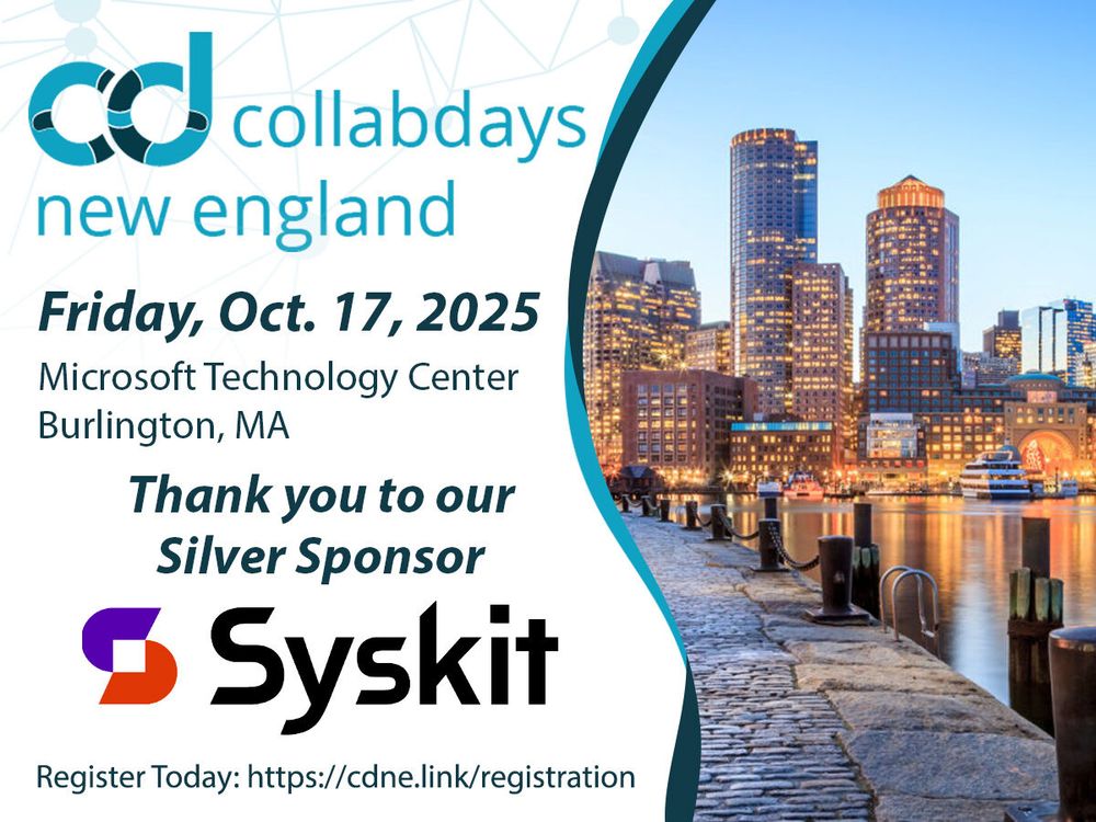 Promotional image for CollabDays New England thanking Syskit for their silver sponsorship. Event details are on the left and an image of Boston is on the right.