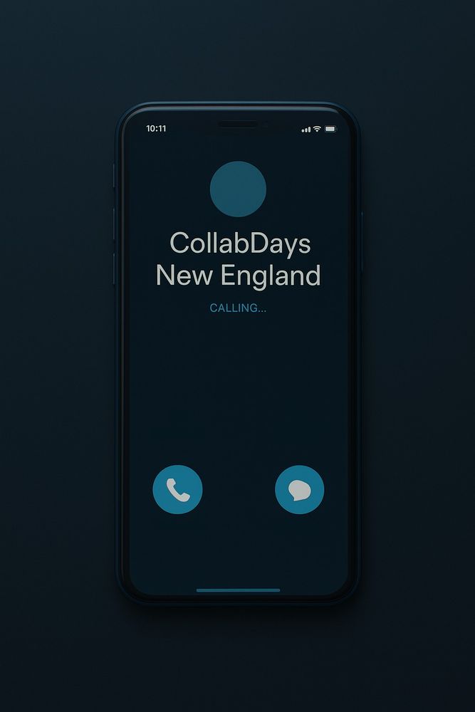 A modern smartphone with a dark screen is shown ringing, displaying an incoming call from "CollabDays New England" in white text. The phone's interface is minimal and clean, with shades of blue and dark teal used for accents, reflecting the event’s branding. The background is softly blurred to keep the focus on the caller ID.