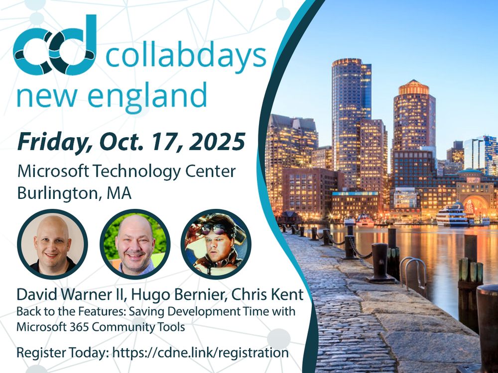 Promotional image for David, Hugo, and Chris's session at CollabDays New England. Image has event and session details on the left side and an image of Boston on the right.