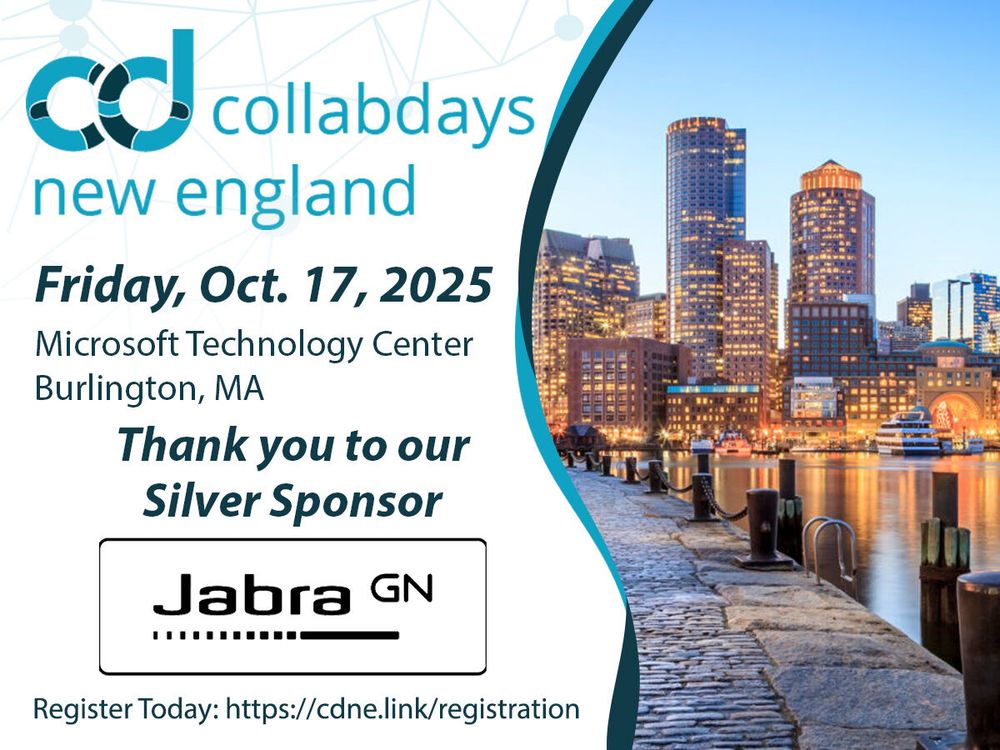 Promotional image for CollabDays New England thanking Jabra for their silver sponsorship. It has event details on the left and an image of downtown Boston on the right.