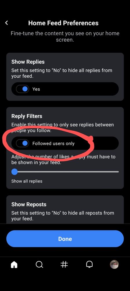 Options screen for BlueSky, with a red circle highlighting a new option to only see replies by followed users