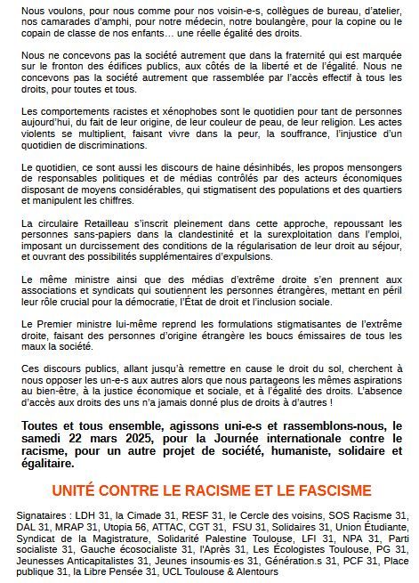 L'UCL Toulouse est signataire de cette manifestation antiraciste 11h Capitole aux côtés de nombreuses organisations