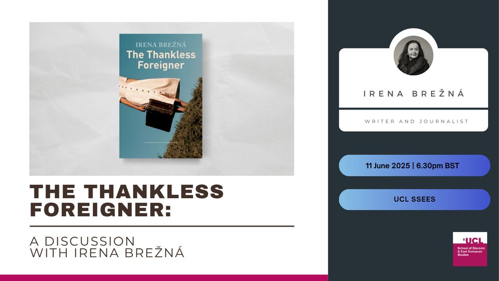 Event poster for 'The Thankless Foreigner: A discussion with Irena Brežná' with a photo of the book cover. In-person event.
