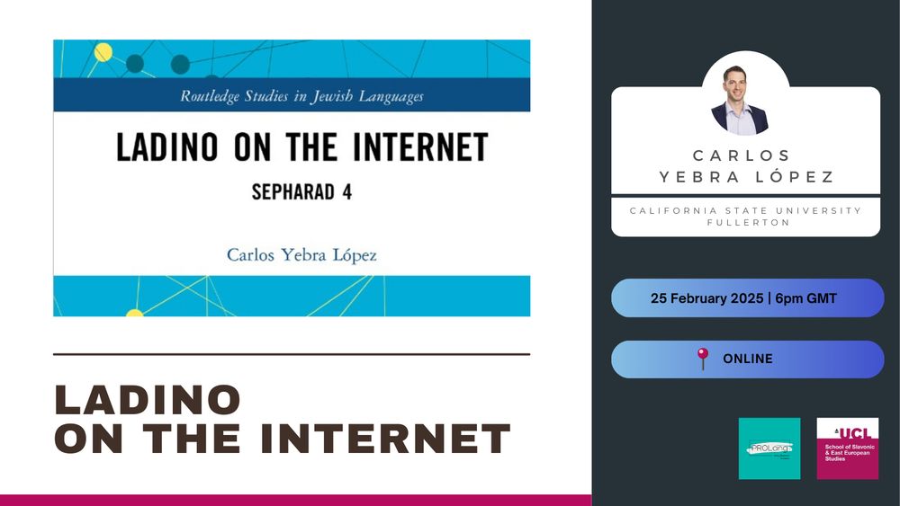 Event poster for 'Ladino on the Internet' with a photo of the book cover. Online event.