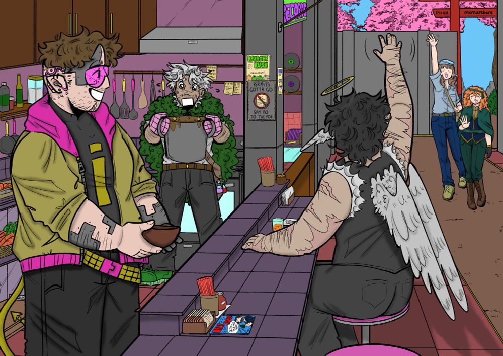 A coloring page of Impulse, Bdubs, Skizz, Pearl, and Gem. Skizz is sitting at a diner table, waving to Pearl and Gem who are walking up to him. Impulse and Bdubs are in the kitchen. Impulse is carrying a bowl while Bdubs is worrying over the soup.