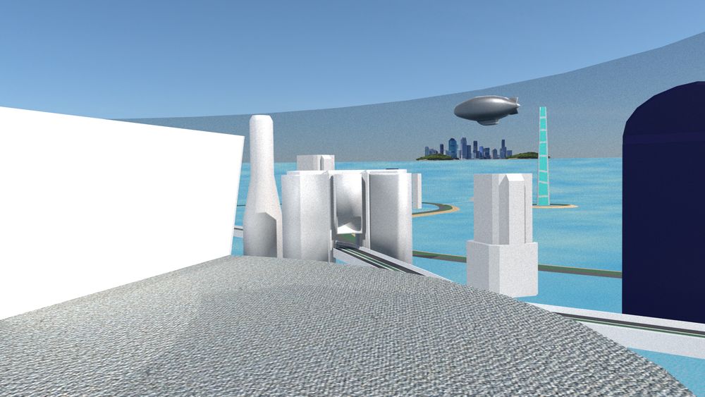 An in-development screenshot of a circular-shaped high rise with a highway, coast, blimp and tall tower in the background. In the far distance is a blimp and a far off city. The city and home is only partially textured and there is no roof.