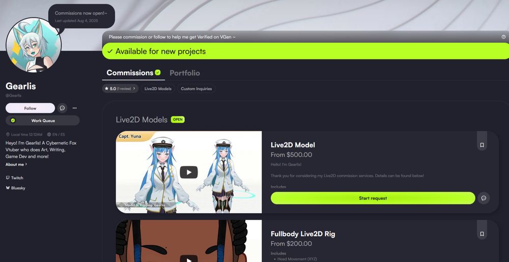 A screenshot of Gearlis' commission page on Vgen featuring options for Live2D model and Fullbody Live2D Rig.