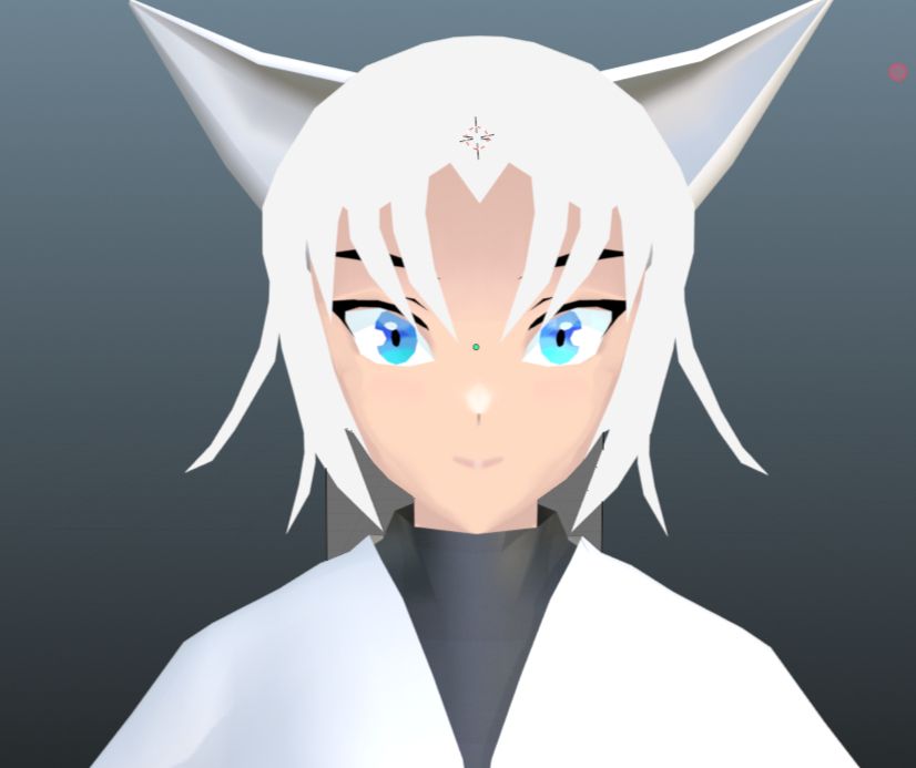 A screenshot from the Blender workspace of a WIP model of a wolf-girl with blue eyes and white hair. This shot is from a front-facing angle.