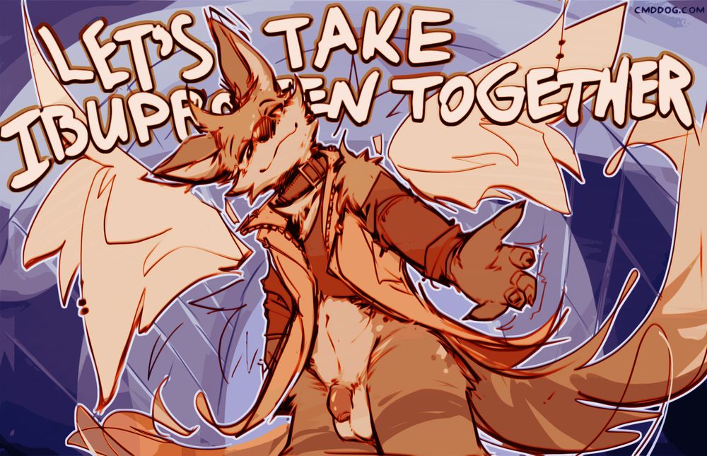 Digital furry art. The coyote Cantio is reaching down towards the viewer. He has stylized wings, the text "Let's take ibuprofen together", and his wagging tail behind him. He is wearing a collar, a sleeveless jacket over a short shirt, and arm warmers. He's wearing no pants so you can see his fat nuts and flaccid uncut cock (wow cool) #furry #furryart #nsfw
