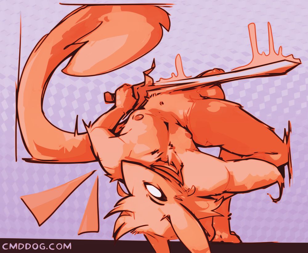 Digital furry art. The nude creature Sunset has their back arched in a twisted pose, holding a sword with the flat of the blade pressed against their tummy. Their right arm is amputated above the elbow. Their penis and balls are visible but partially obscured by the sword. #furry #furryart #nsfw