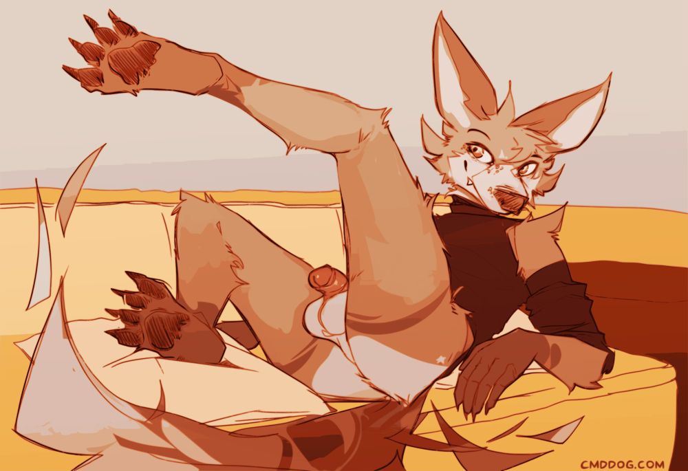 Digital furry art. The coyote Cantio is lounging across a couch with one of his paws resting on a pillow and the other in the air. He's wearing a tanktop with arm warmers but nothing on his bottom half, revealing his balls and half-flaccid uncut cock. His tail is wagging. #furry #furryart #nsfw