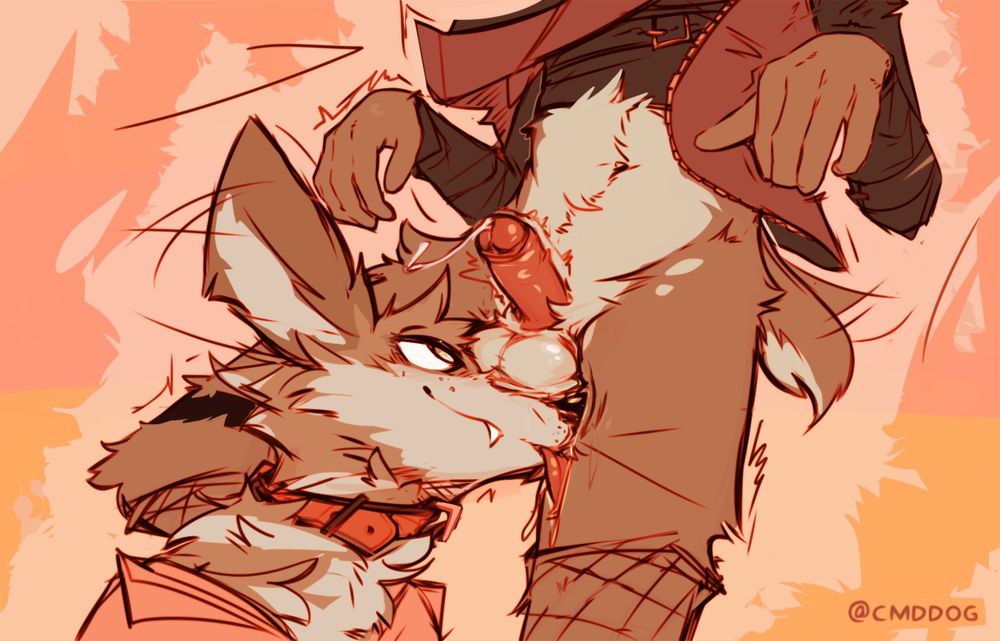 Digital furry art. The coyote Cantio is pressing his snout up against the deer Panko's balls, and licking his thigh. Panko's throbbing hard dick is in the middle of ejaculation. Panko has his arms at his side in a t-rex arms pose, and is wearing fishnets on his legs with a jacket over a shirt with belts and straps. Cantio is wearing a loose shirt and is wearing a collar. #furry #furryart #nsfw
