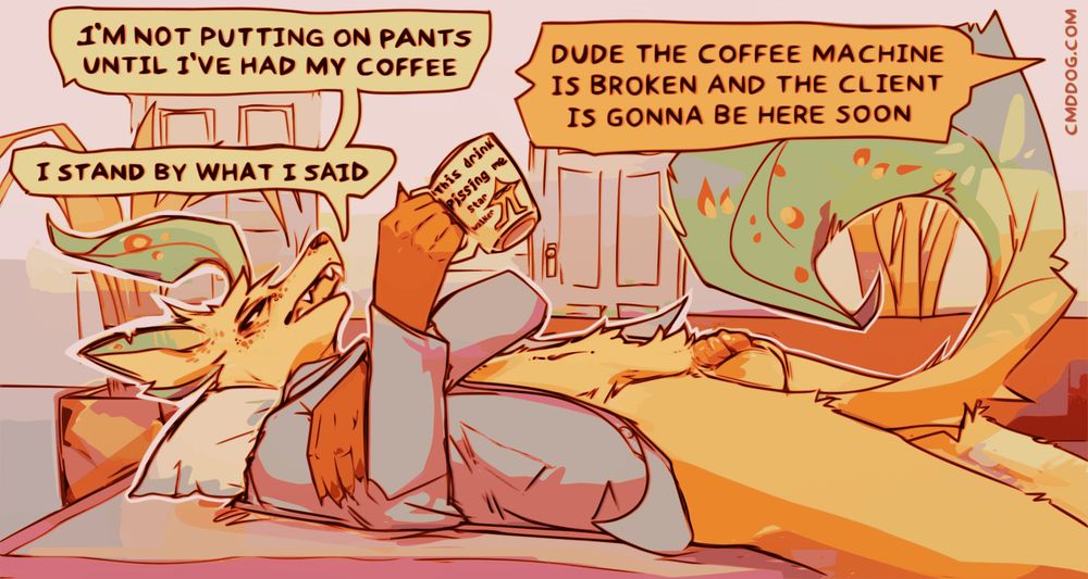 Digital furry art. An anthro leafeon is in a room with a few doors and ferns and is lounging on a couch. Their small flaccid penis and large balls are visible, and their tail is curled up between their legs. Their leafy parts seem to have some manner of leaf spot disease with yellow/orange spots. They're holding a mug with the original Starwalker on it with the text "this drink is Pissing me off. star walker".
The leafeon says "I'm not putting on pants until I've had my coffee.", and someone off-screen replies "Dude the coffee machine is broken and the client is gonna be here soon", and the leafeon says "I stand by what I said" #furry #furryart #nsfw