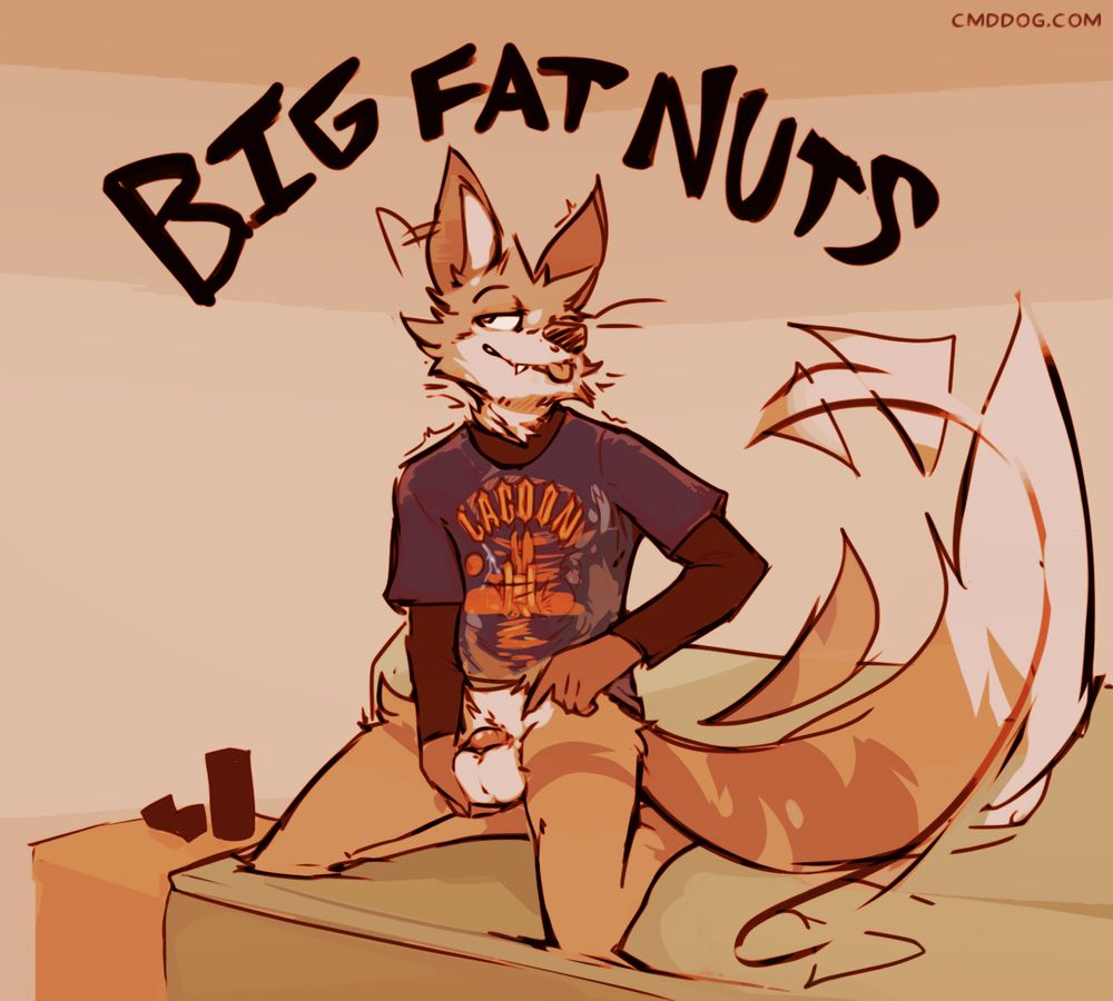 Digital furry art. The text "Big fat nuts" is displayed. The coyote Cantio is below it, bottomless and wagging his tail like usual but with extra big nuts below his flaccid ween. He has a t-shirt with an approximation of the boxart of Lagoon on it over a long-sleeved shirt, and he's kneeling on a couch.