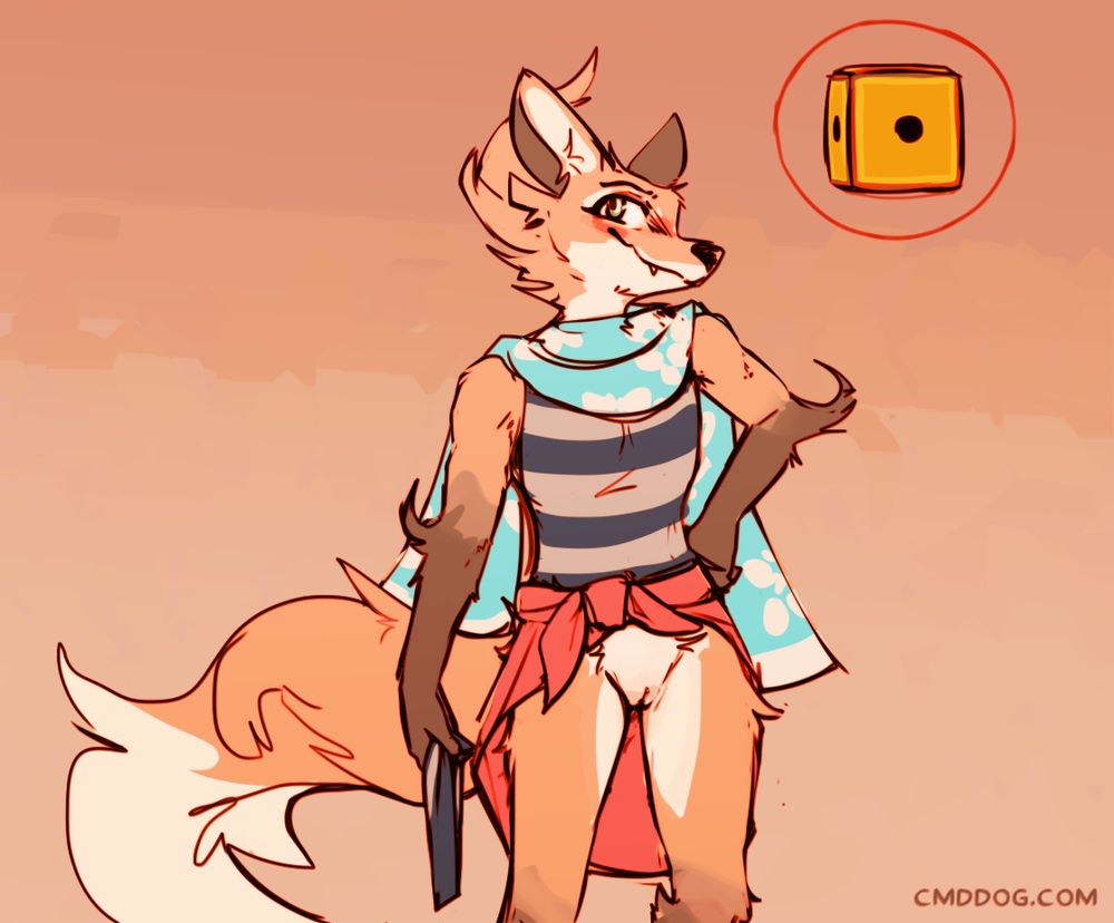 Anthro fox Fleet from Dungeons of Aether blushing and holding the bottom half of her swimsuit in her hand, leaving her crotch exposed. She's wearing a swimsuit top, a sarong, and has a towel over her shoulders. Next to her is a golden die displaying a single dot. #furry #furryart #nsfw