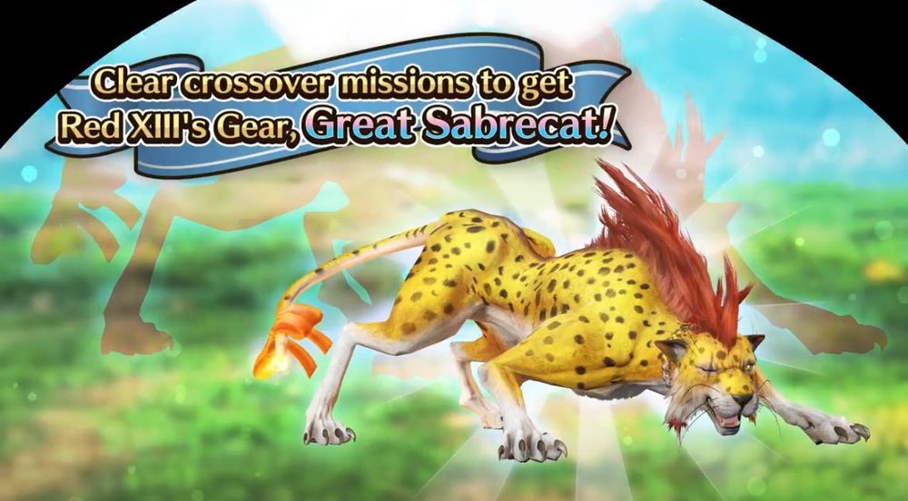 A picture of Red XIII from Final Fantasy VII Ever Crisis, with Red XIII depicted as the spotted yellow sabrecat character from Dragon Quest.