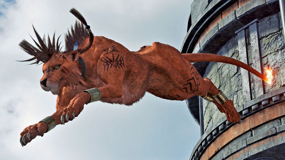 A screenshot from Final Fantasy VII Rebirth showing Red XIII / Nanaki jumping from a high place. His mane braids are flapping next to his head like wings.