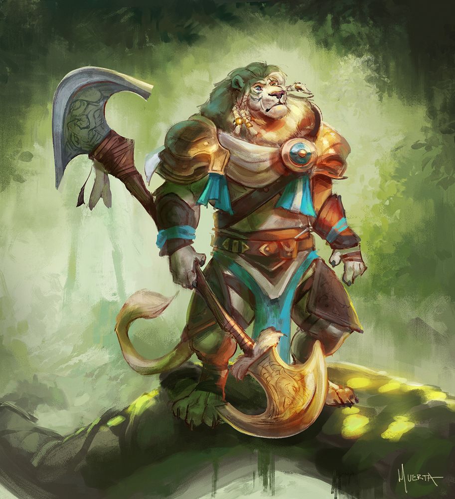 Ajani Goldmane from Magic: The Gathering stands on a huge tree branch deep in a green jungle and looks up into a shaft of light with a determined expression on his face. He holds a double-headed axe in his right hand.