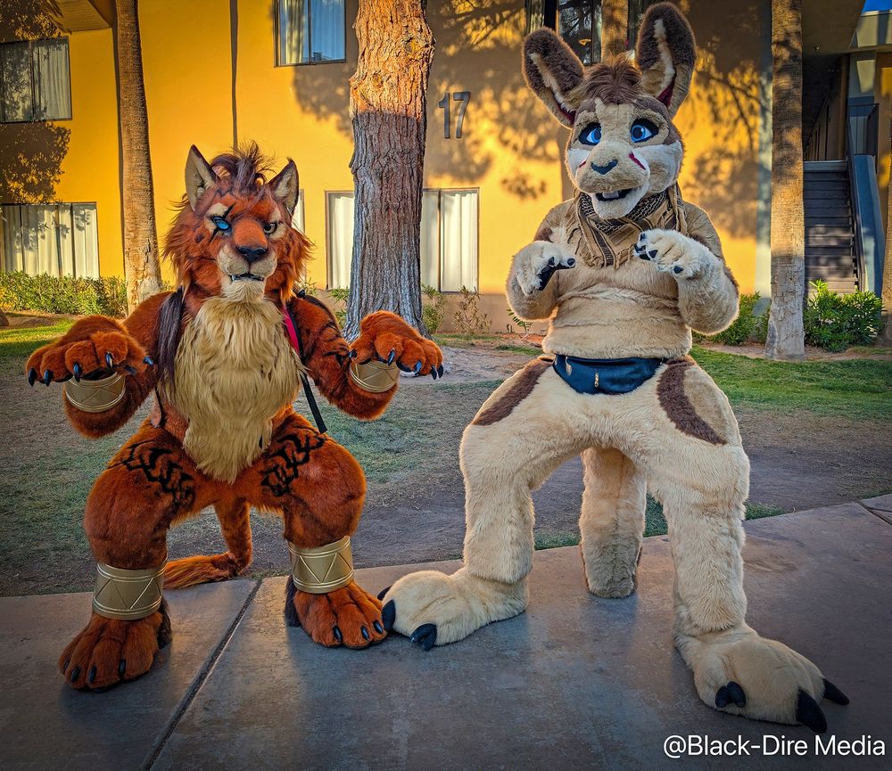 A Red XIII / Nanaki cosplayer crouches next to a kangaroo fursuiter who is sitting on his tail.