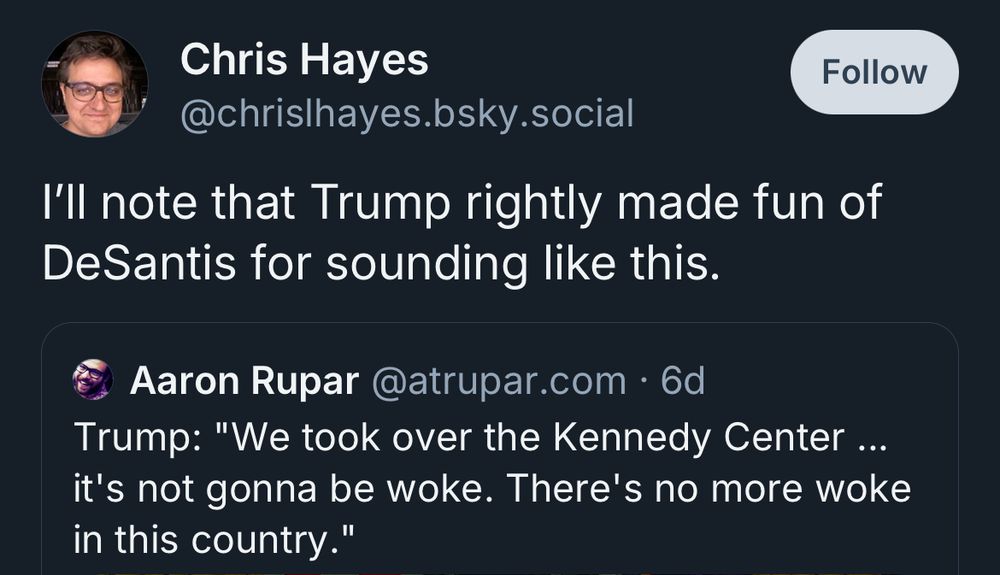 @chrishayes.bsky.social pointing out current US President Donald Trump's hypocrisy as his administration took over the Kennedy Space Center. but back when Trump was running for President again in 2024, he criticized current Florida Governor Ron DeSantis's government overreach trying to ban "wokeness" from public education like schools and other tourist attractions like the Walt Disney World theme parks in Orlando.
