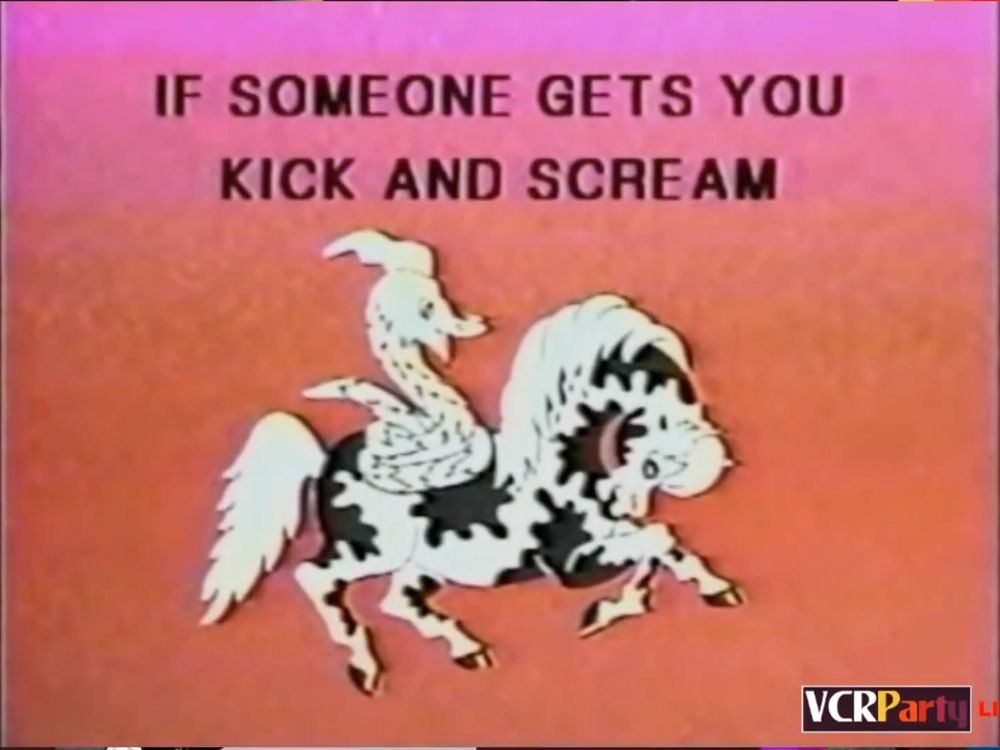 A grainy screenshot of a VHS tape. The screenshot shows a bad drawing of a white horse with black spots, being ridden by a snake. The snake has long hair, for some reason. Text above the drawing says "IF SOMEONE GETS YOU KICK AND SCREAM".