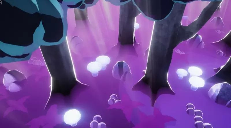 A surreal pink and purple forest with glowing blue mushrooms swaying trees