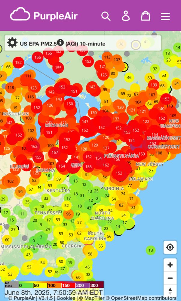 Purple air map showing Eastern United States and countless purple air monitors, with red purple air colors across much of the north eastern United States all the way to Chicago.