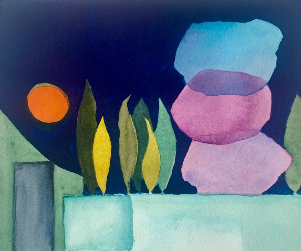 small gouache painting with a dark night sky, orange moon, and a "house" made of three large boulders in violet, pink, and blue on a seafoam green base, with a bank of cypress-like trees and a sage green house next door