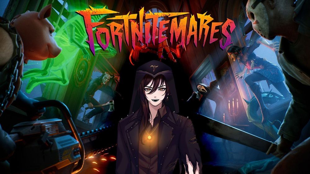 A promotional image of DreadistVT's Fortnite stream. It shows his model in the center and the "Fortnitemares" logo above him with the official artwork of the event in the background. It depicts a number of characters, some original while others crossovers from other media, breaking into a wooden building through its windows from every side.