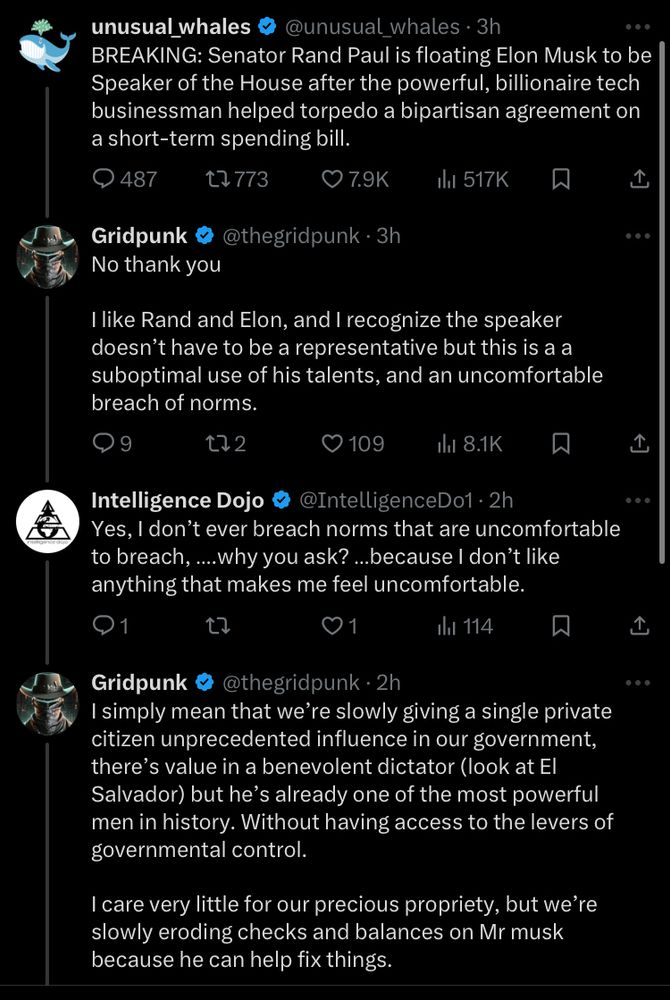 unusual whales @ @unusual whales • 3h
BREAKING: Senator Rand Paul is floating Elon Musk to be Speaker of the House after the powerful, billionaire tech businessman helped torpedo a bipartisan agreement on a short-term spending bill.
© 487.
t7773
• 7.9K|
thi 517K
①
Gridpunk @ @thegridpunk • 3h
No thank you
I like Rand and Elon, and I recognize the speaker doesn't have to be a representative but this is a a suboptimal use of his talents, and an uncomfortable breach of norms.
09
せ12
© 109
ili 8.1K
贝
L
Intelligence Dojo @ @IntelligenceDo1 • 2h
Yes, I don't ever breach norms that are uncomfortable to breach, ....why you ask? ...because I don't like anything that makes me feel uncomfortable.
Q1.
01
li 114
贝
Gridpunk @ @thegridpunk • 2h
I simply mean that we're slowly giving a single private citizen unprecedented influence in our government, there's value in a benevolent dictator (look at El Salvador) but he's already one of the most powerful men in history. Without having access to the levers of governmental control.
I care very little for our precious propriety, but we're slowly eroding checks and balances on Mr musk because he can help fix things.