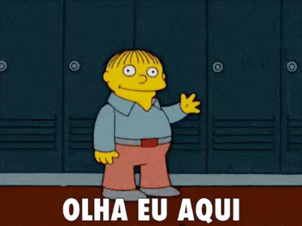 a cartoon of ralph from the simpsons waving in front of lockers with the words olha eu aqui below him