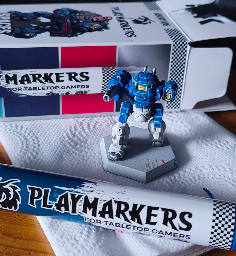 Battletech Urbanmech painted white and blue using Playmarkers