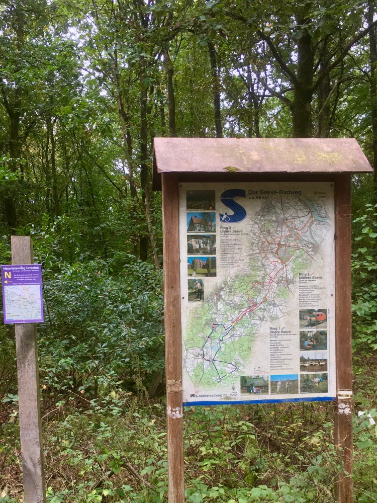 Das Bild zeigt einen Waldweg mit zwei Hinweistafeln am Wegesrand. Im Vordergrund steht eine größere Informationstafel mit einem hölzernen Dach. Auf dieser Tafel ist eine detaillierte Karte zu sehen, auf der verschiedene Routen farbig eingezeichnet sind. Oben auf der Tafel steht „Der Seeve-Radweg ca. 96 km“, darunter sind kleinere Fotos und erklärende Texte angebracht. Links daneben befindet sich eine kleinere, lila Hinweistafel auf einem Holzpfosten. Darauf steht „Natursteinweg Undeloh“ sowie ein gelber Pfeil, der die Richtung anzeigt. Auch diese Tafel enthält Textinformationen und eine kleine Übersichtskarte. Beide Tafeln befinden sich am Rand eines dicht bewachsenen Waldgebiets.