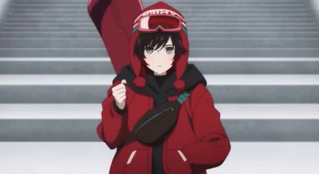 a girl wearing a red jacket with a hood and goggles holds a snowboard